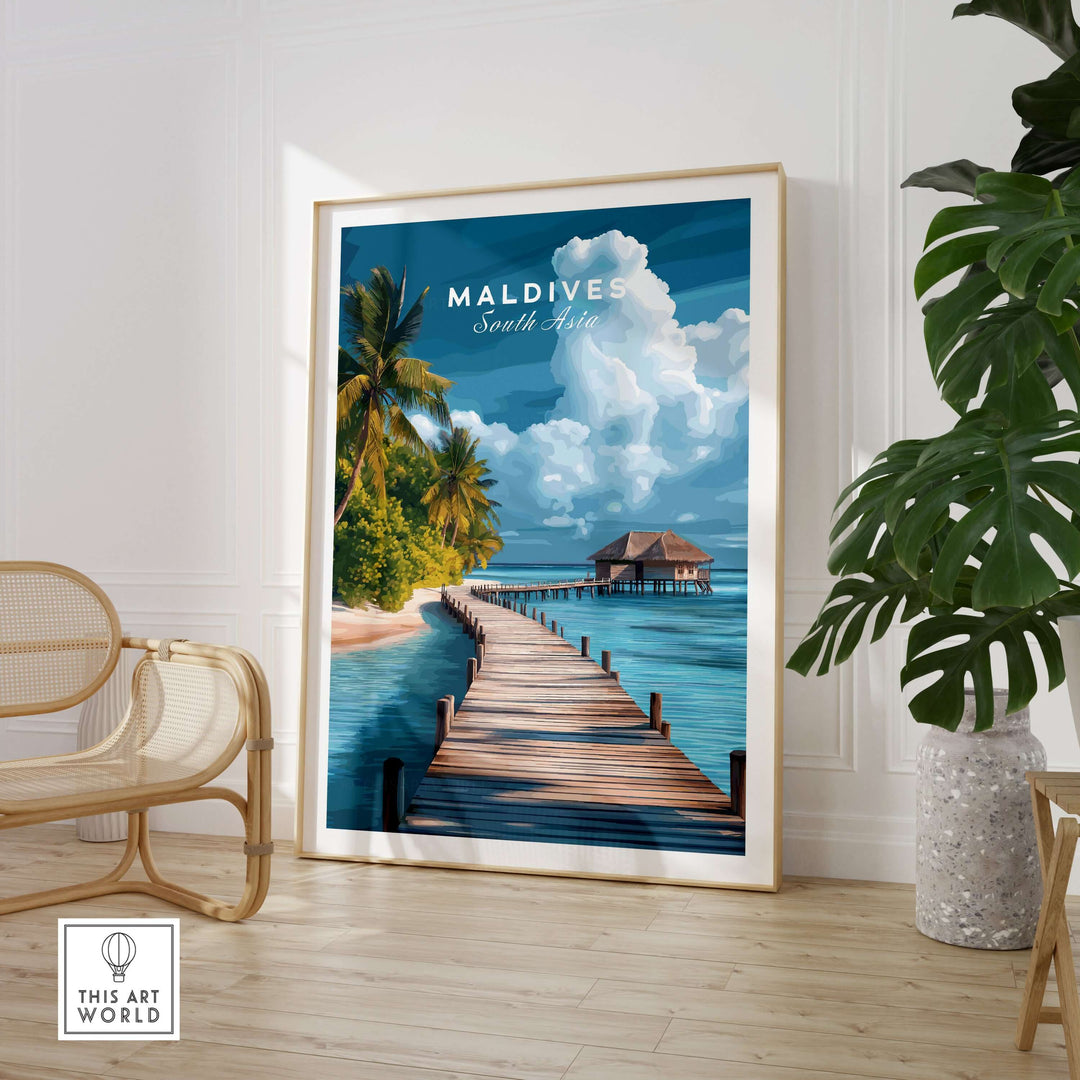 Maldives Travel Print - Beach Scene showcasing a tranquil beach pathway and lush tropical trees in a serene setting.