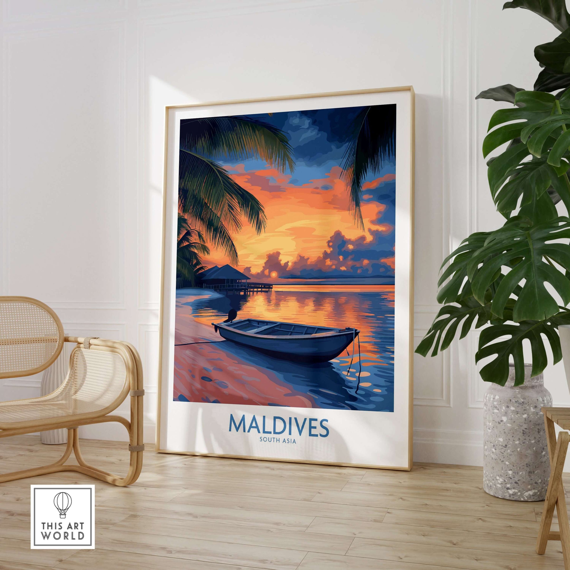 Maldives Wall Art Print - Sunset featuring a serene boat scene and vibrant sunset colors.