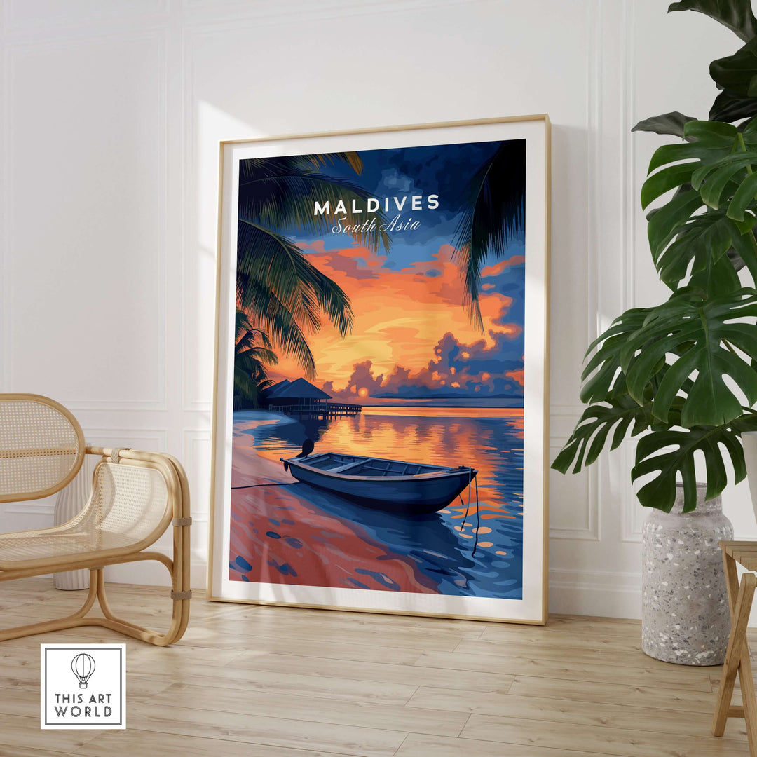 Maldives Travel Print - Sunset showcasing a serene tropical sunset over water with a boat and palm trees.