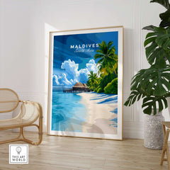 Maldives Print - Tropical Beach framed art in a stylish interior setting featuring serene blues and vibrant greens.