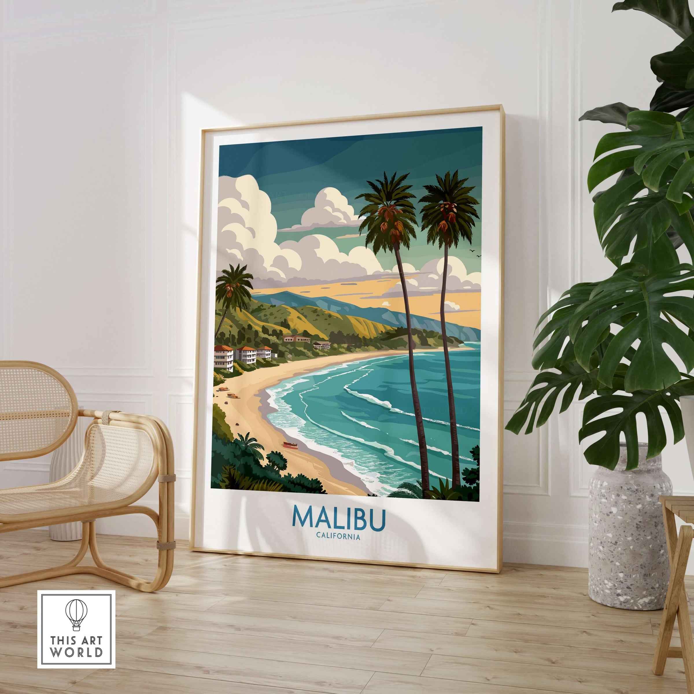 Malibu California Poster - Beach Print featuring a vibrant coastal view with palm trees and ocean waves.