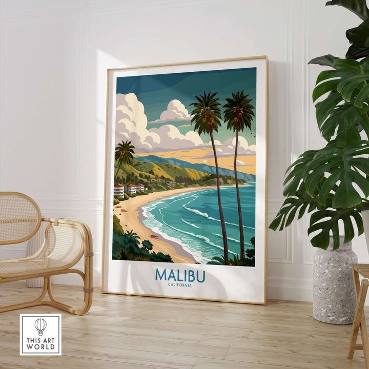 Malibu California beach poster featuring palm trees and coastal views, perfect for beach lovers and home decor.