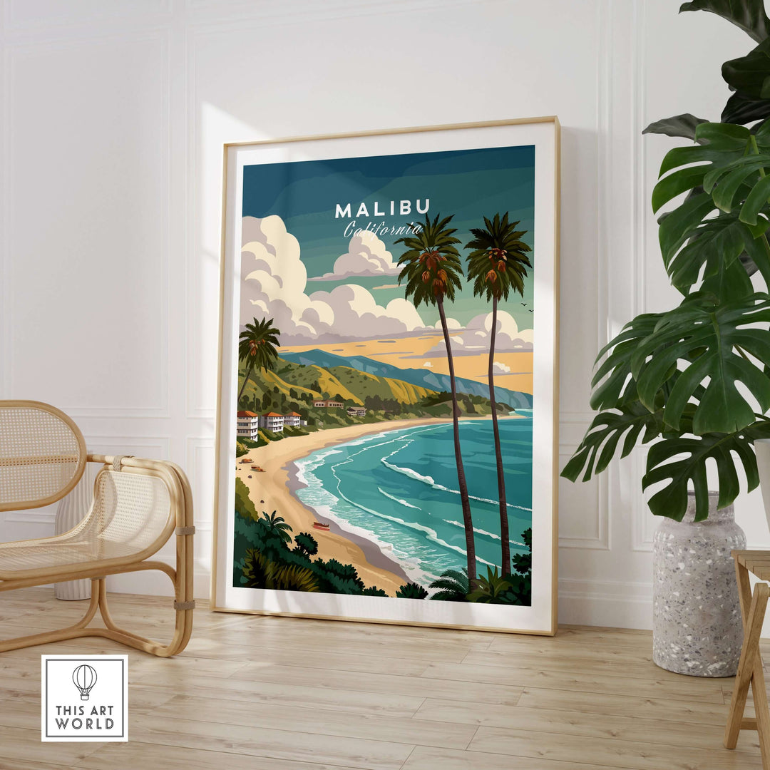 Malibu California beach print showcasing palm trees, coastline, and waves, perfect beach wall art for coastal decor.