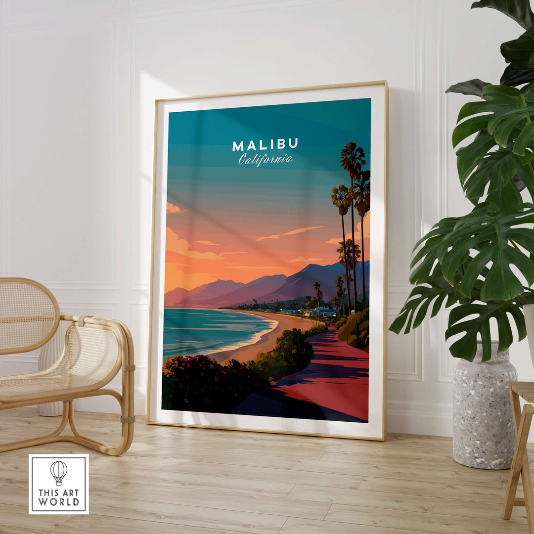 Malibu California beach sunset print framed on a wall, showcasing vibrant coastal scenery and palm trees.