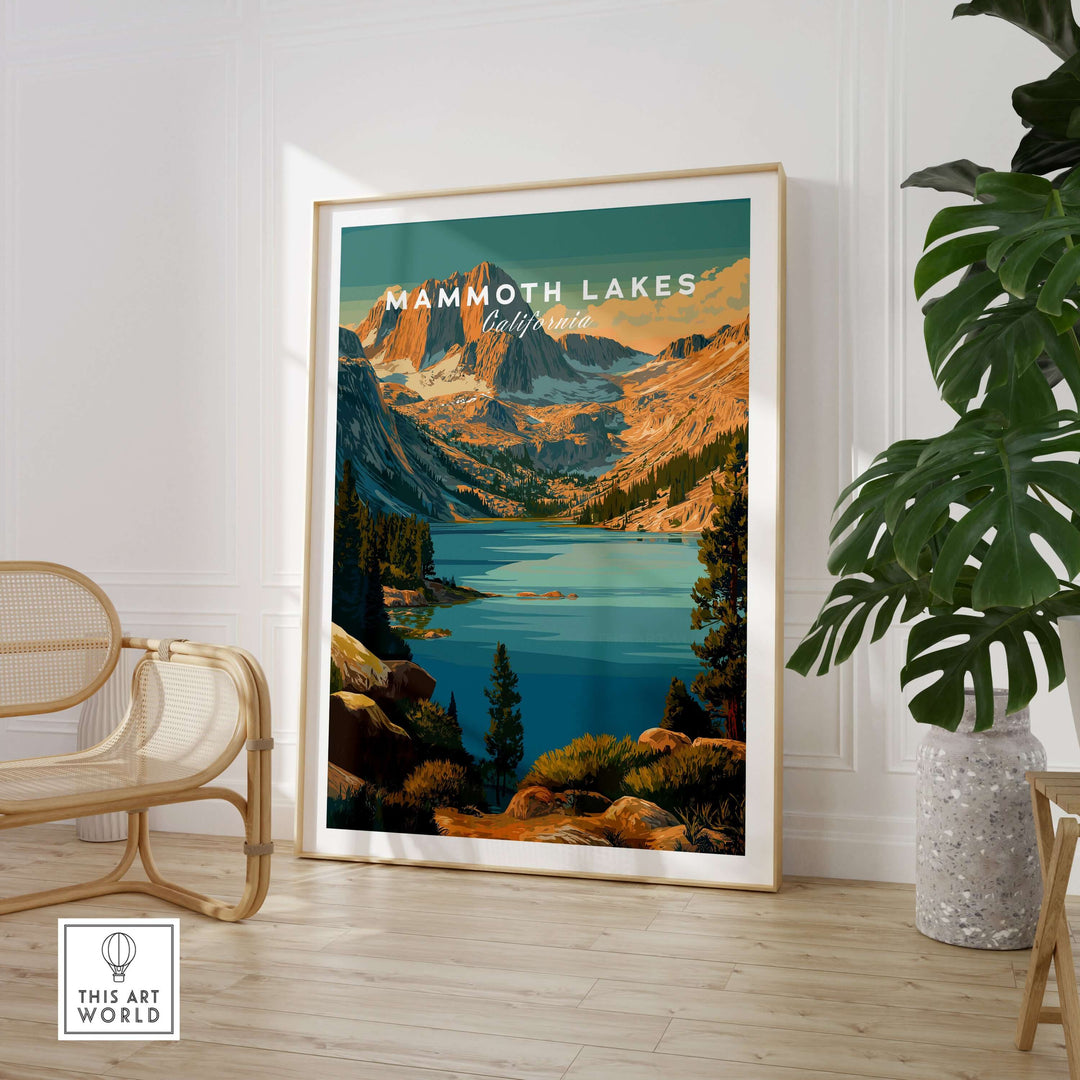 Mammoth Lakes California poster featuring rugged mountains and serene lake in stylish interior setting.