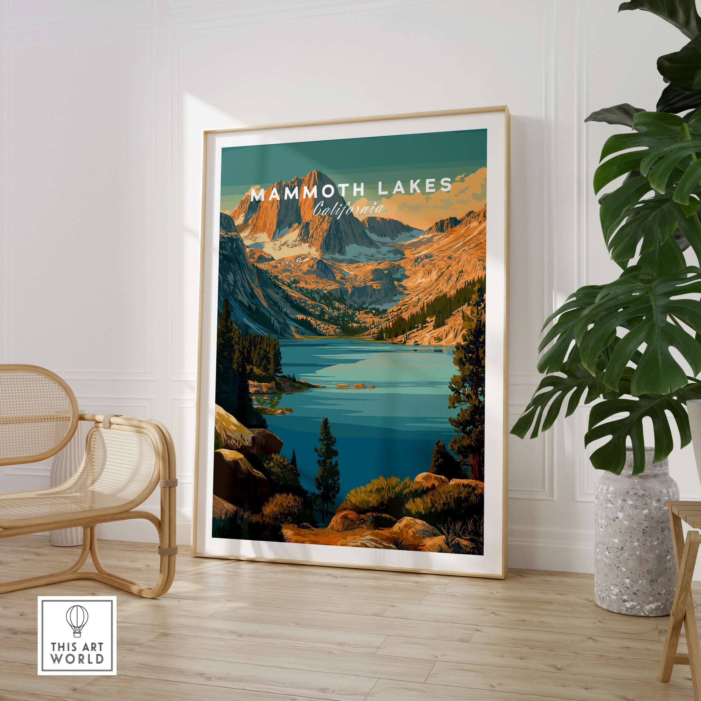 Mammoth Lakes Poster California - Rugged Mountain Wall Art displayed in a cozy living room setting.