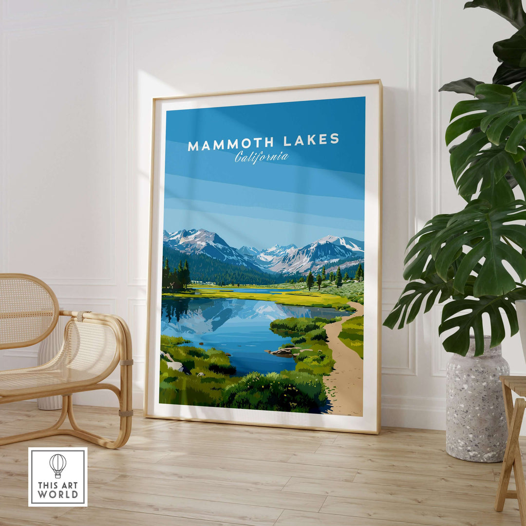 Mammoth Lakes California scenic print featuring serene mountain landscape with lake and greenery in a cozy interior setting.