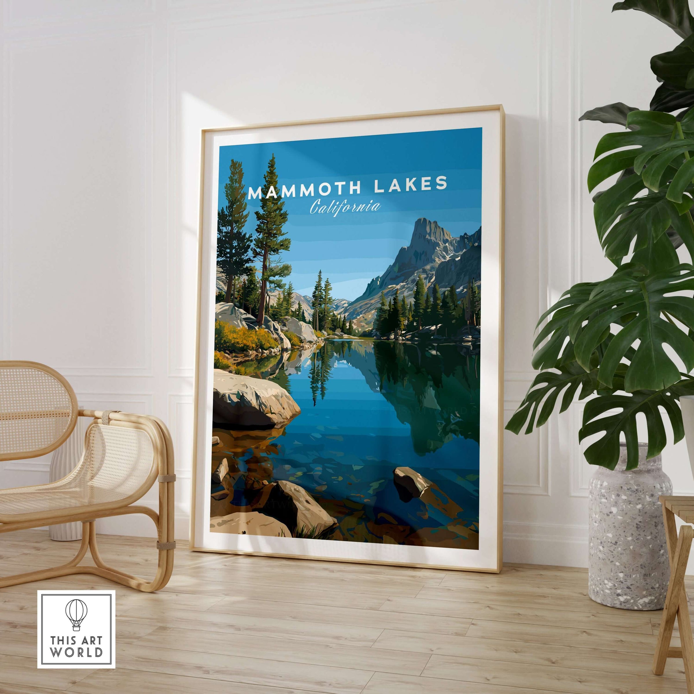 Mammoth Lakes California Poster featuring stunning mountains and serene lake, perfect for nature lovers.