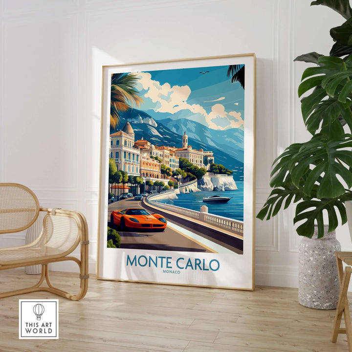 Monte Carlo wall art travel poster showcasing luxury coastline, mountains, and an orange sports car, elevating home décor.