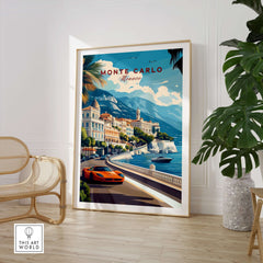 Monte Carlo Print Monaco - Riviera Travel Poster featuring a vibrant cityscape and luxury car.