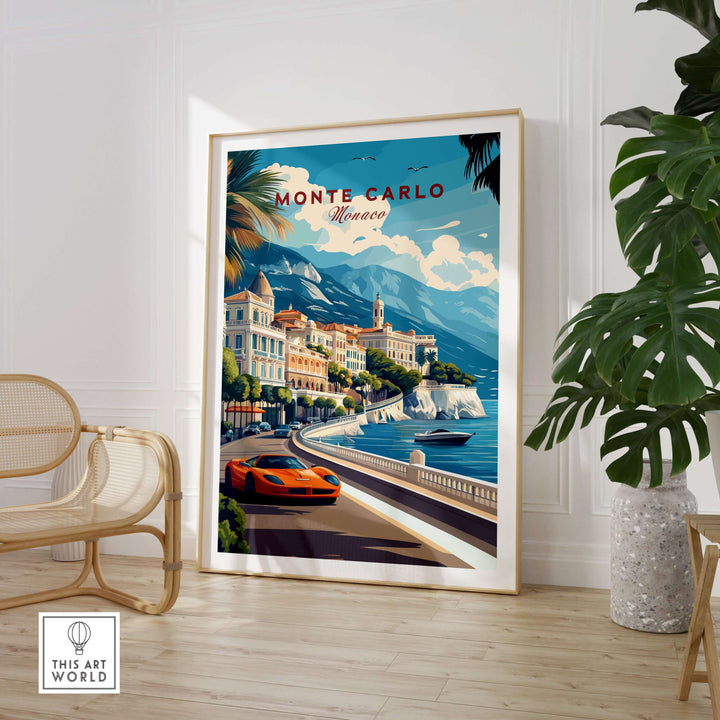 Monte Carlo print travel poster featuring Monaco's coastline and luxury car, showcasing French Riviera elegance.