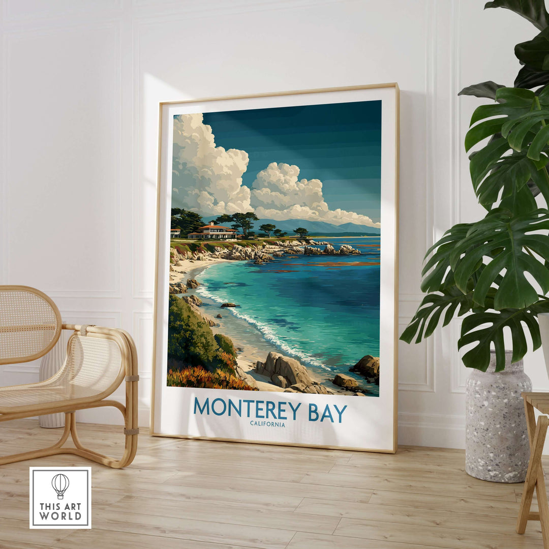 Monterey Bay California poster showcasing coastal beauty and vibrant marine life in a stylish home setting.