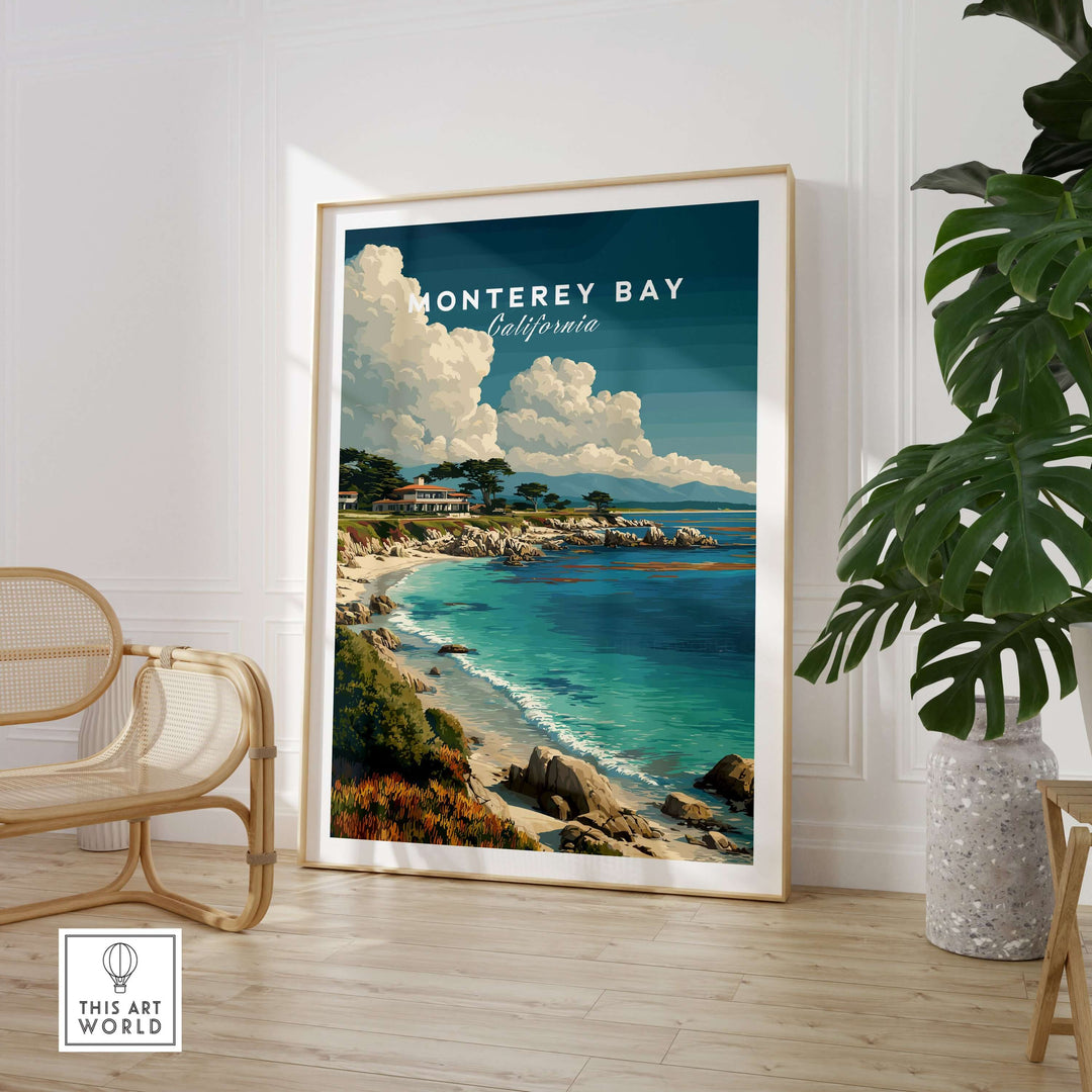 Monterey Bay California coastal beach print showcasing the Pacific Ocean and serene shoreline in a stylish interior setting.