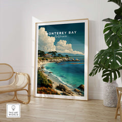 Monterey Bay California Coastal Beach Print - Pacific Ocean Wall Art showcasing serene shoreline and blue waters.