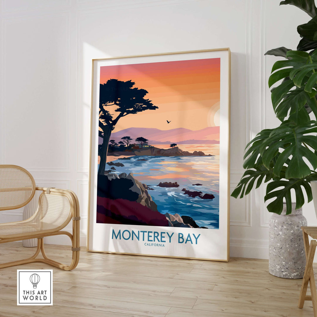 Monterey Bay California sunset poster featuring cypress trees and coastline, perfect wall art for nature lovers.