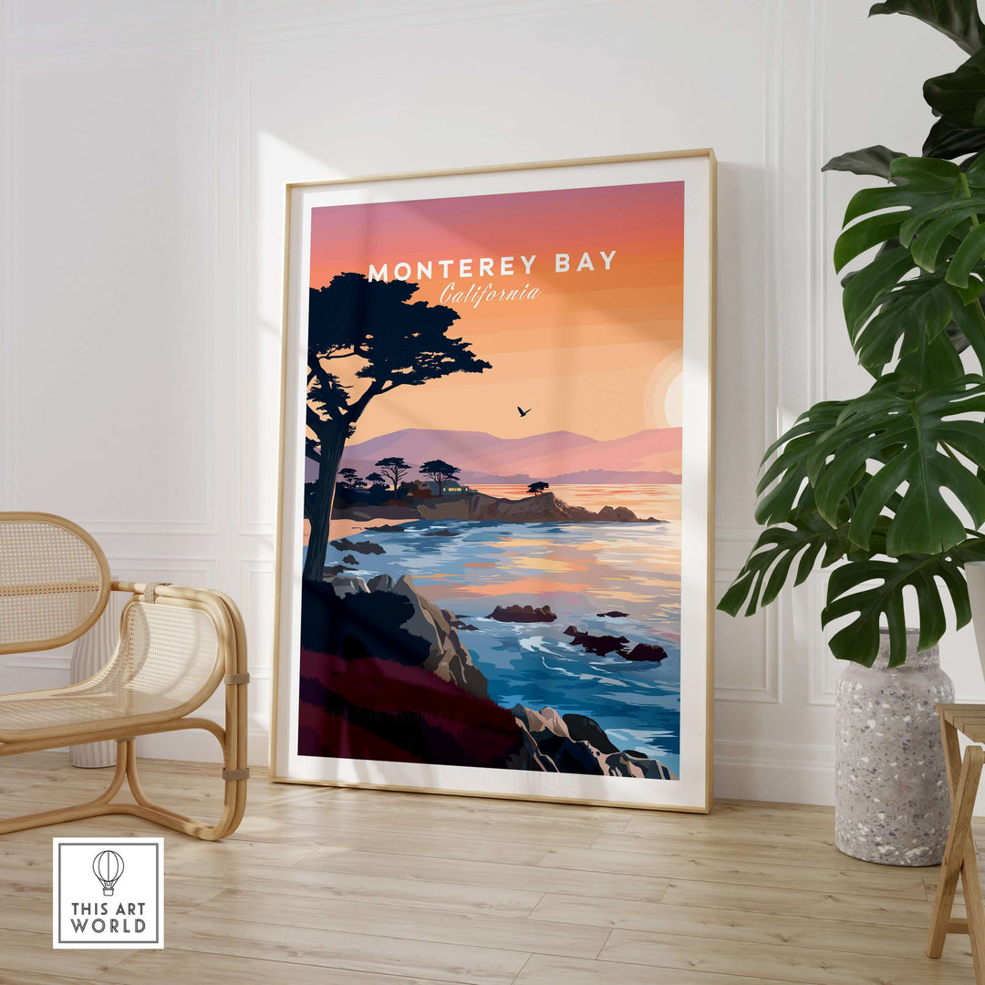 Monterey Bay California sunset poster featuring cypress trees and serene coastline in vibrant colors.