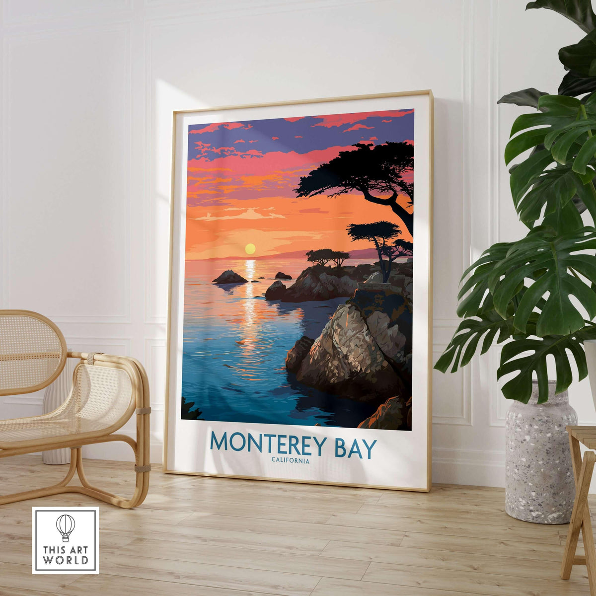Monterey Bay Poster California Coastal Decor showcasing a vibrant sunset over the ocean and rugged shoreline.