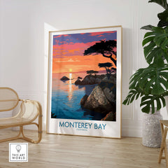 Monterey Bay Poster California Coastal Decor showcasing a vibrant sunset over the ocean and rugged shoreline.
