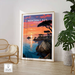 Monterey Bay Print California - Pacific Grove Wall Art displayed in a stylish interior with sunset over the ocean.
