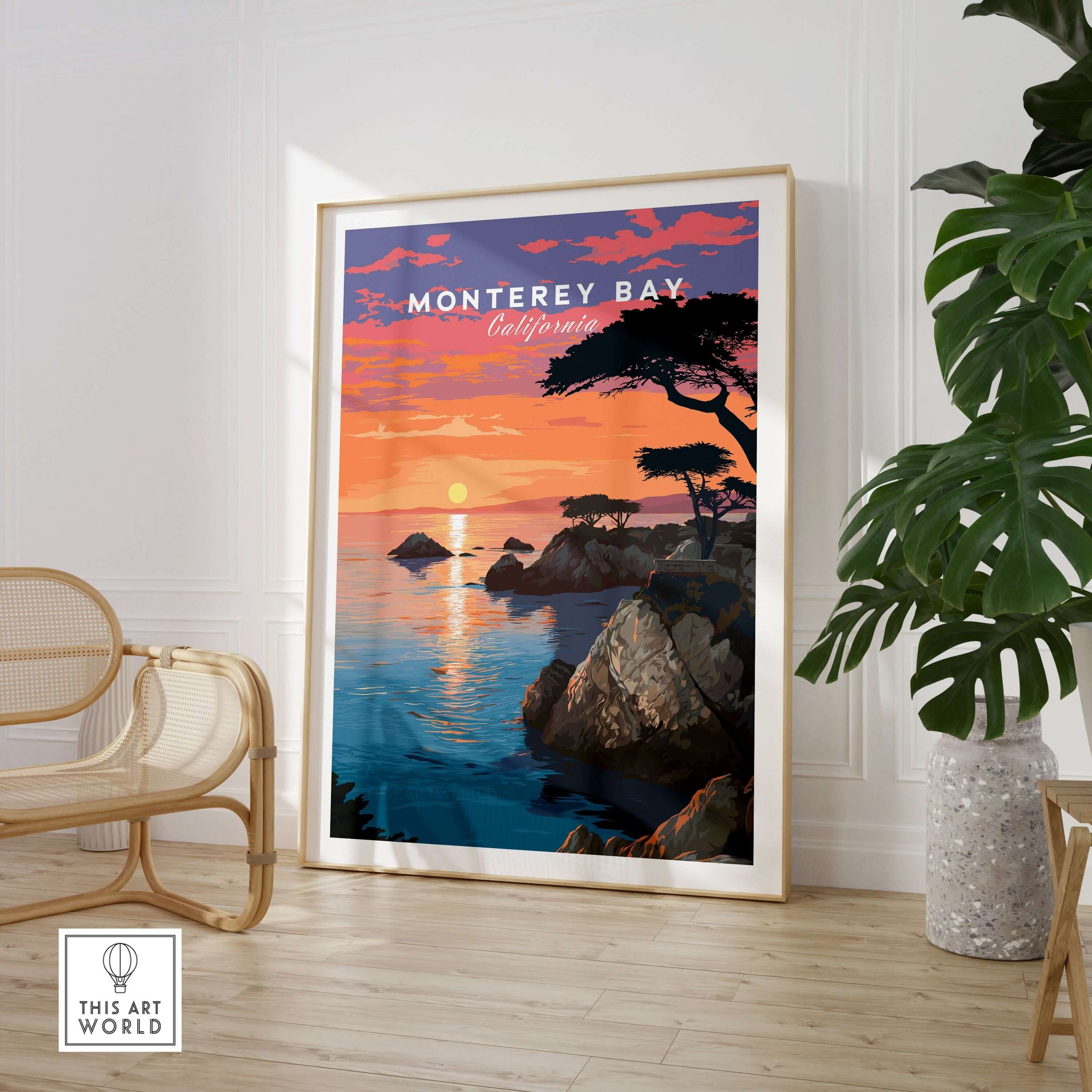 Monterey Bay Print California - Pacific Grove Wall Art displayed in a stylish interior with sunset over the ocean.