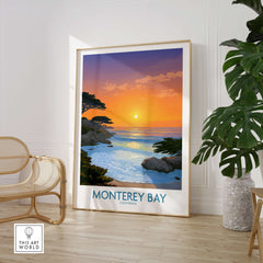 Monterey Bay California Poster - California Beach Print showcasing a sunset over the ocean and coastal scenery.
