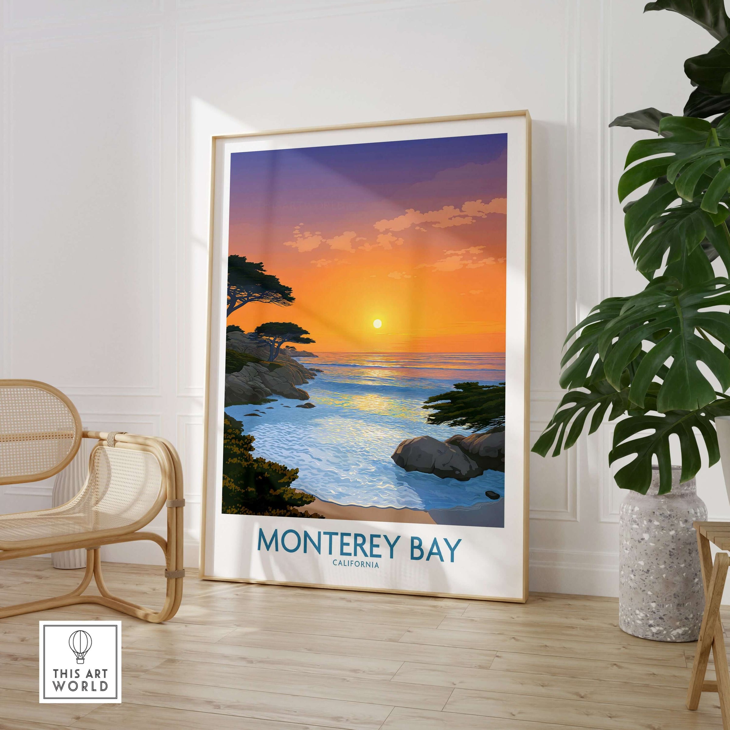 Monterey Bay California Poster - California Beach Print showcasing a sunset over the ocean and coastal scenery.