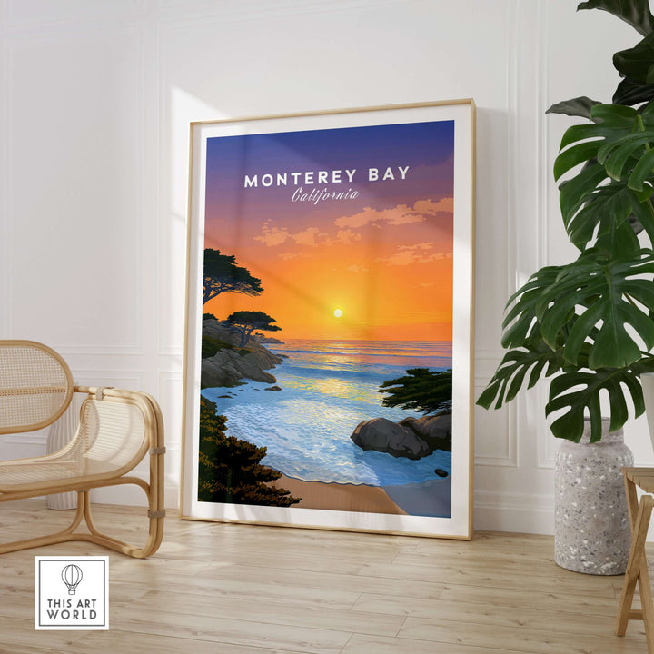 Monterey Bay California print featuring a stunning sunset and ocean view, perfect for home decor.