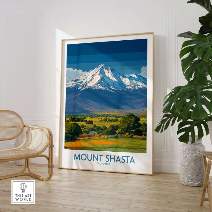 Mount Shasta California poster showcasing the majestic mountain and vibrant landscape in a cozy interior setting.