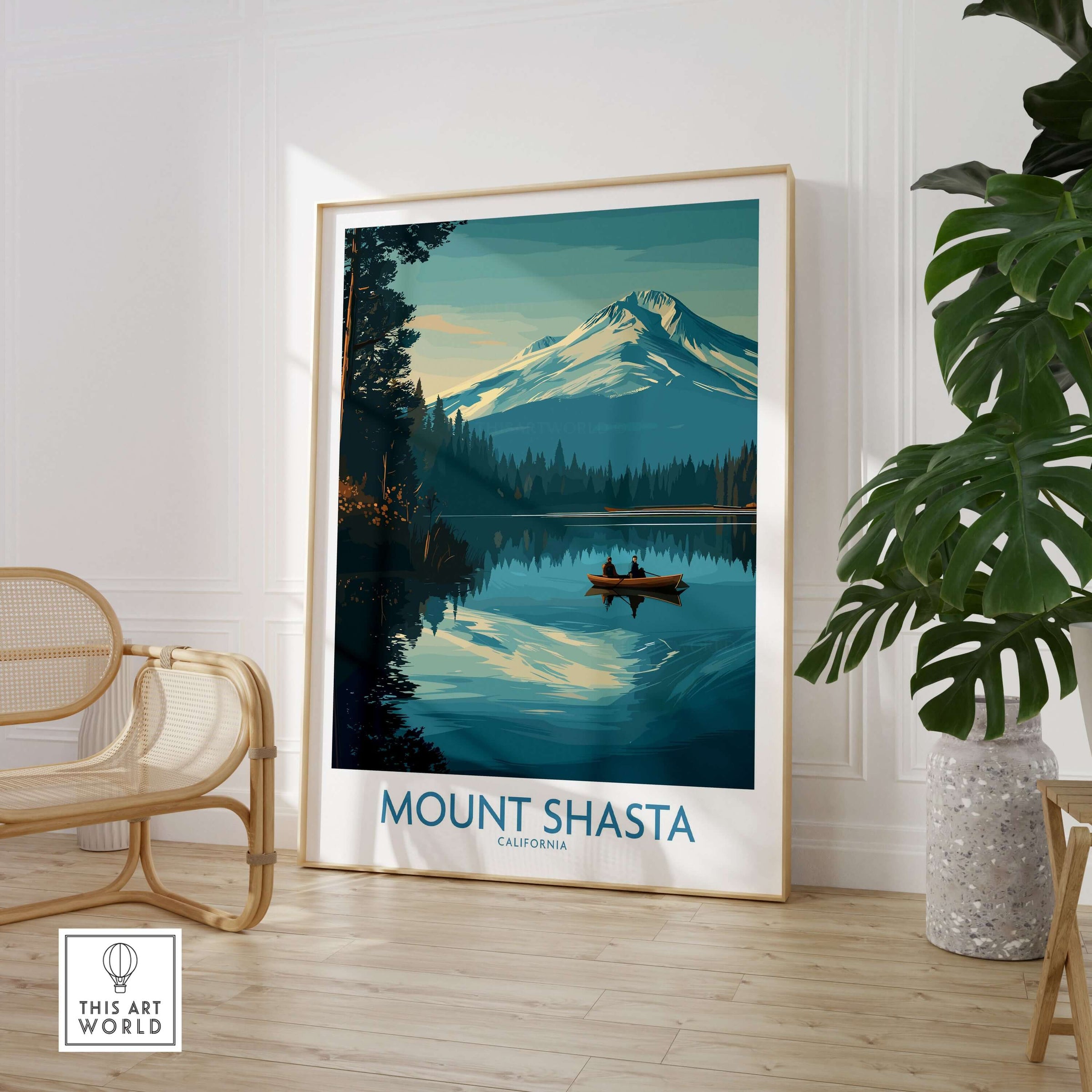 Mount Shasta Poster California - California Nature Print featuring serene landscape and reflection in water.