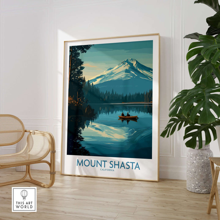 Mount Shasta poster showcasing serene mountain reflection in lake, perfect for California nature enthusiasts.