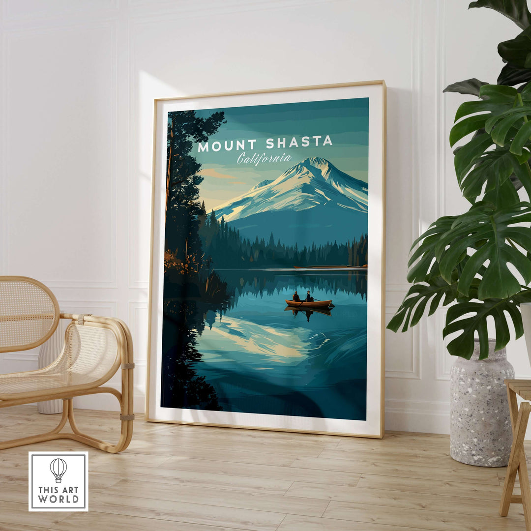 Mount Shasta California print featuring tranquil landscapes and peaceful mountain reflections in a stylish interior.