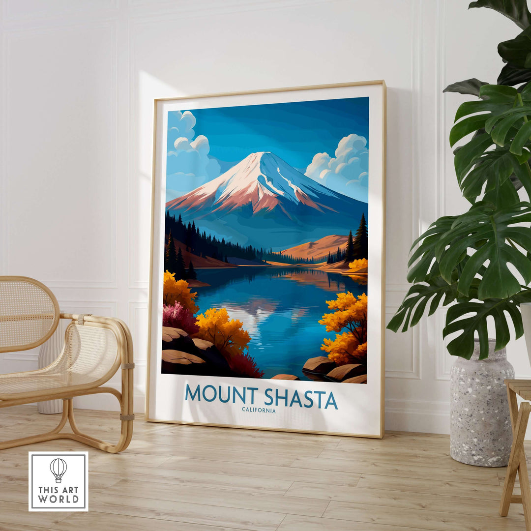 Mount Shasta wall art showcasing vibrant mountain and serene lake, perfect for nature lovers.