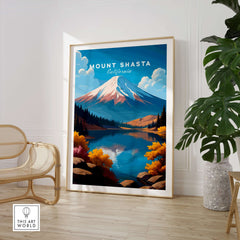 Mount Shasta Wall Art - California Travel Print in a stylish living room setting, featuring vibrant colors and natural landscapes.