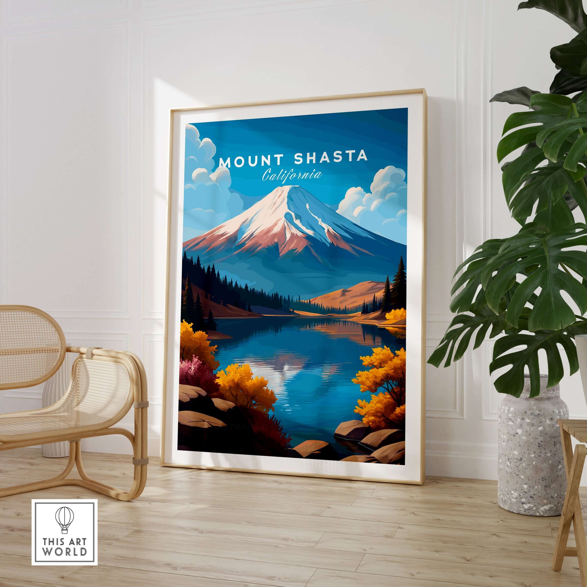 Mount Shasta Wall Art - California Travel Print in a stylish living room setting, featuring vibrant colors and natural landscapes.