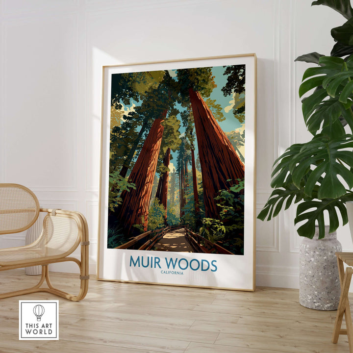 Muir Woods poster showcasing towering redwoods and lush forest in California, perfect for nature lovers' decor.