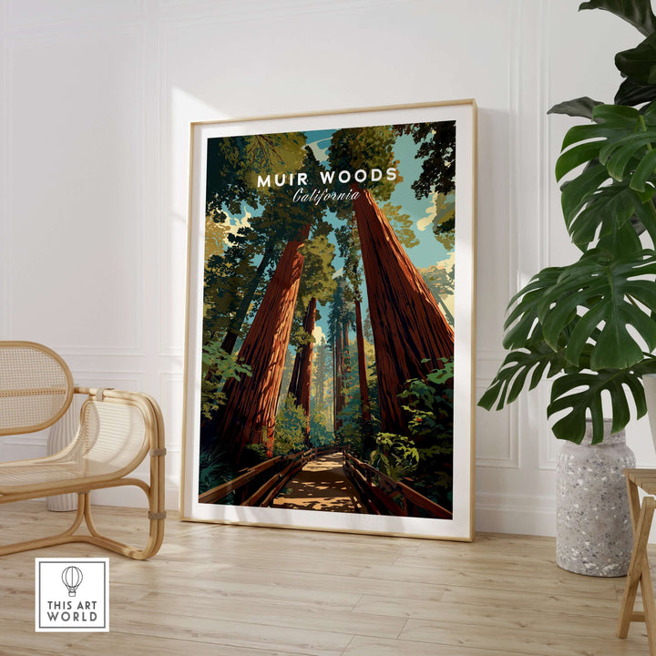 Muir Woods Redwood Forest trail print showcasing giant trees and serene paths in a stylish interior setting.