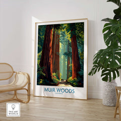 Muir Woods Print California - California National Park Wall Art showcasing towering redwoods and lush greenery.