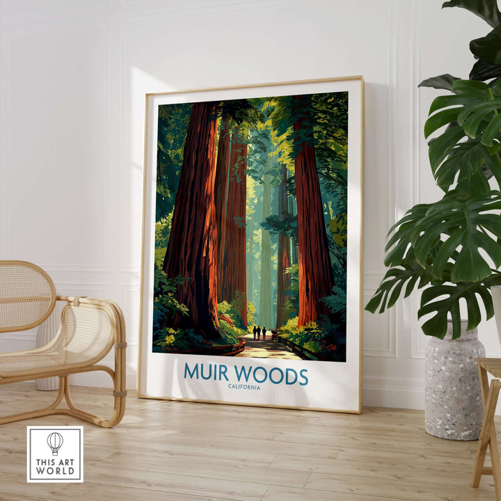 Muir Woods California wall art print showcasing towering redwoods and serene forest scenery in a stylish interior setting.