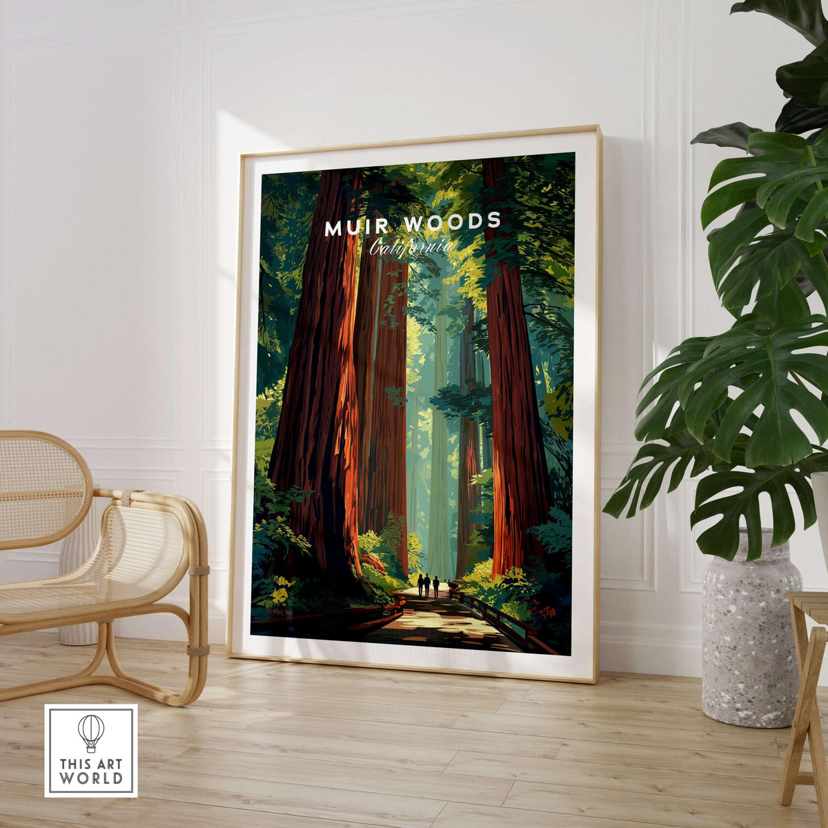 Muir Woods Poster California - Redwood Wall Art featuring towering redwood trees and serene forest scenery.