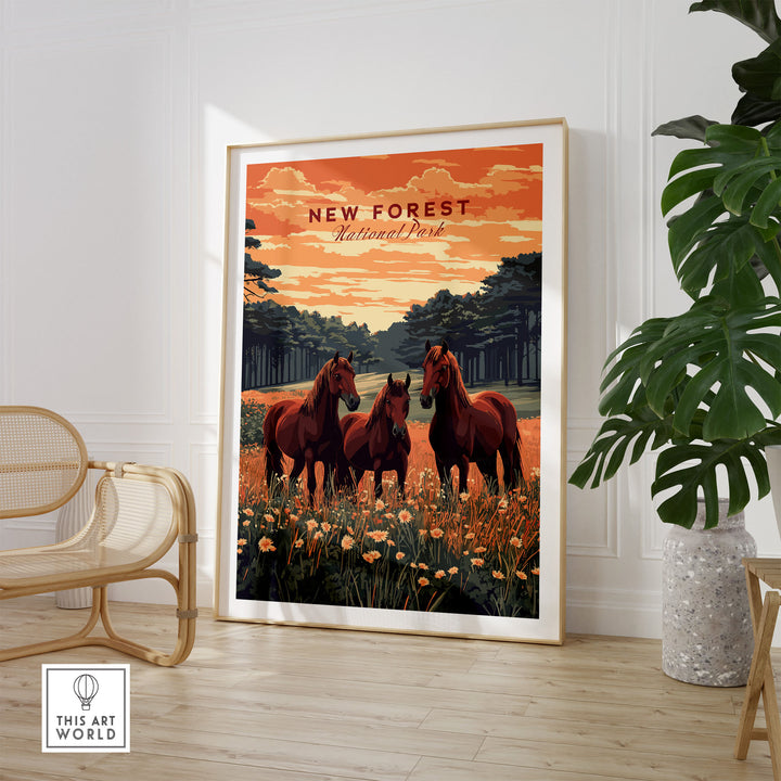 New Forest Print featuring horses in a meadow at sunset, capturing the natural beauty of the UK National Park for home decor.