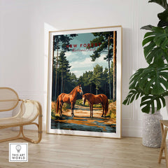 New Forest Print National Park poster featuring horses and trees in a stunning landscape setting.