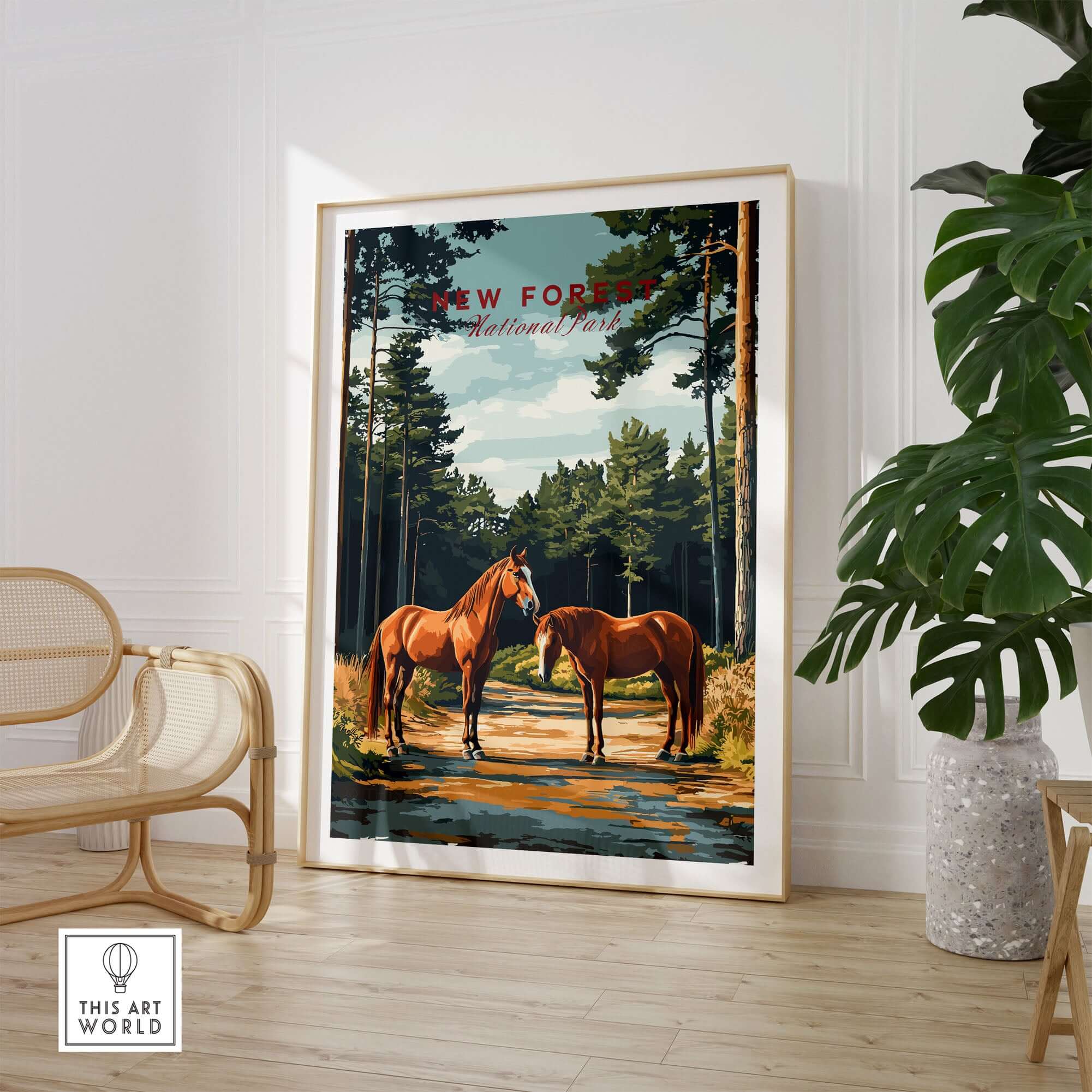 New Forest Print National Park poster featuring horses and trees in a stunning landscape setting.