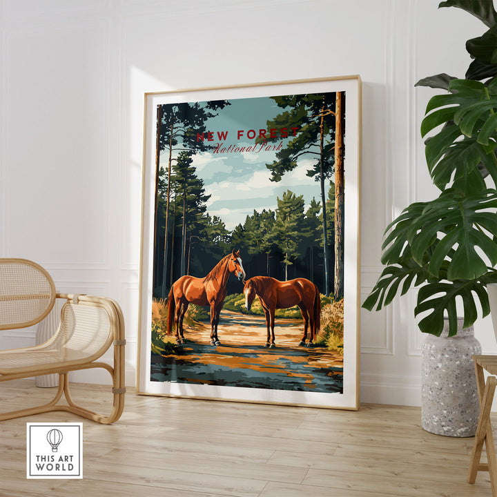 Scenic New Forest National Park poster with horses and lush landscape displayed in stylish room decor setting.