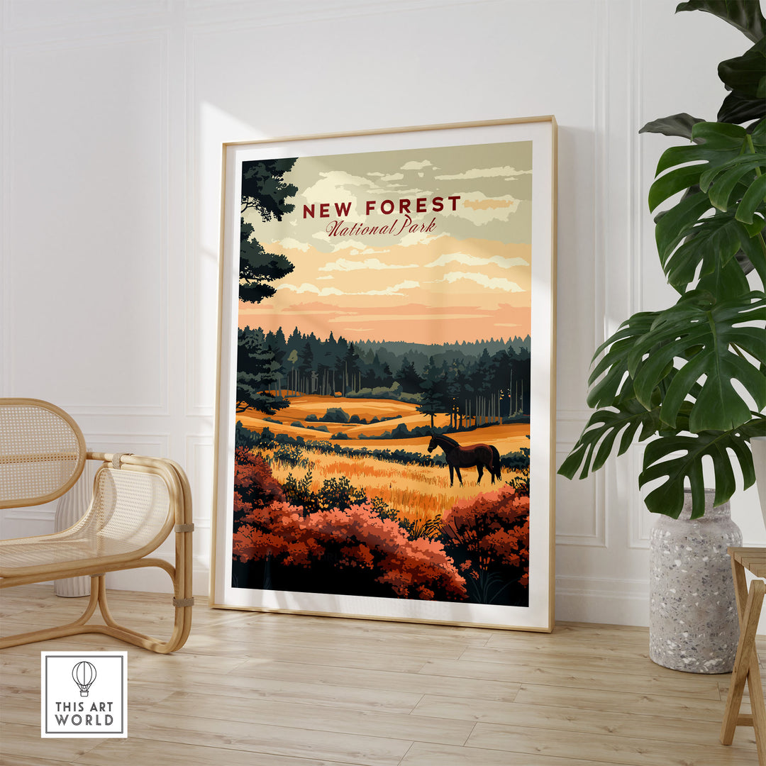 New Forest England National Park print, UK wall art featuring scenic landscape with wild horses, perfect for nature lovers and home decor.