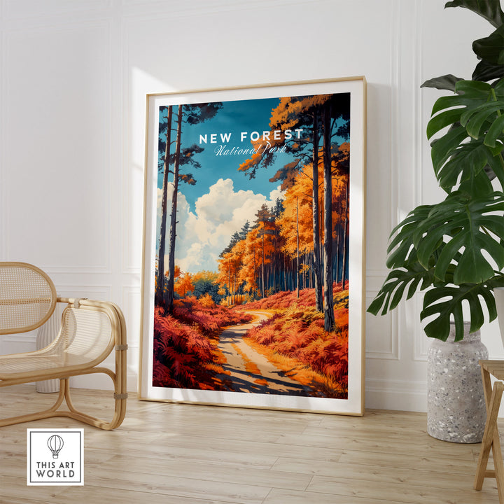 "New Forest Travel Poster England in modern room, showcasing vibrant landscape art with autumn trees and sunlight path"