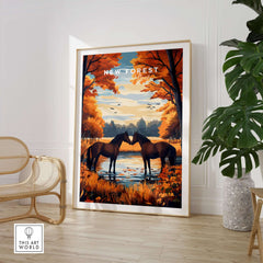 New Forest Wall Art Print featuring horses by a pond surrounded by autumn trees in a beautifully designed interior.