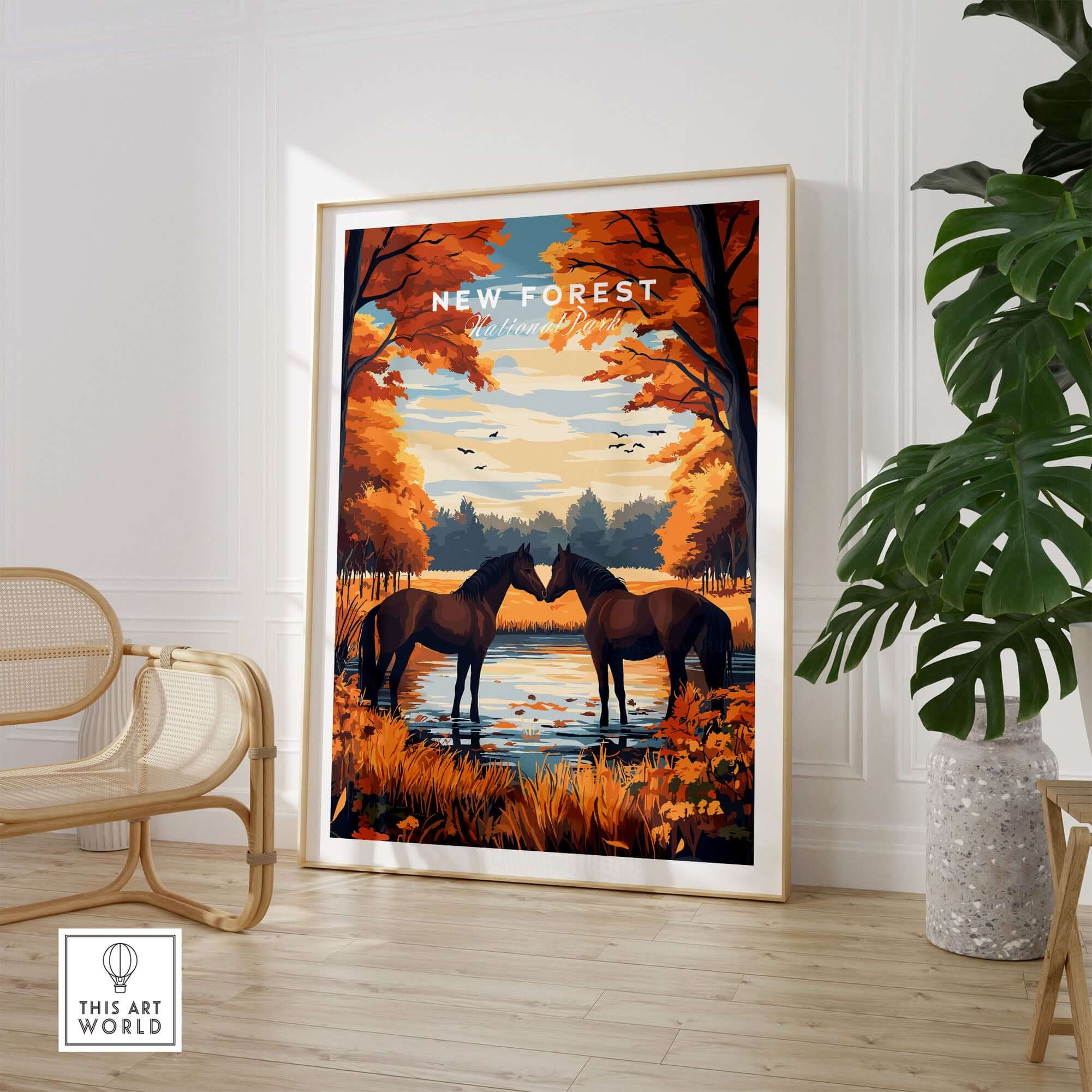 New Forest Wall Art Print featuring horses by a pond surrounded by autumn trees in a beautifully designed interior.