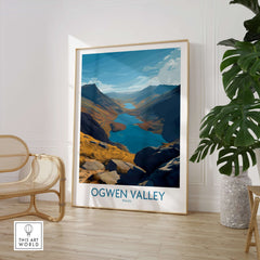 Ogwen Valley Wales Poster Blue Lakes & Peaks - Welsh Wilderness Decor displayed in a modern interior setting.