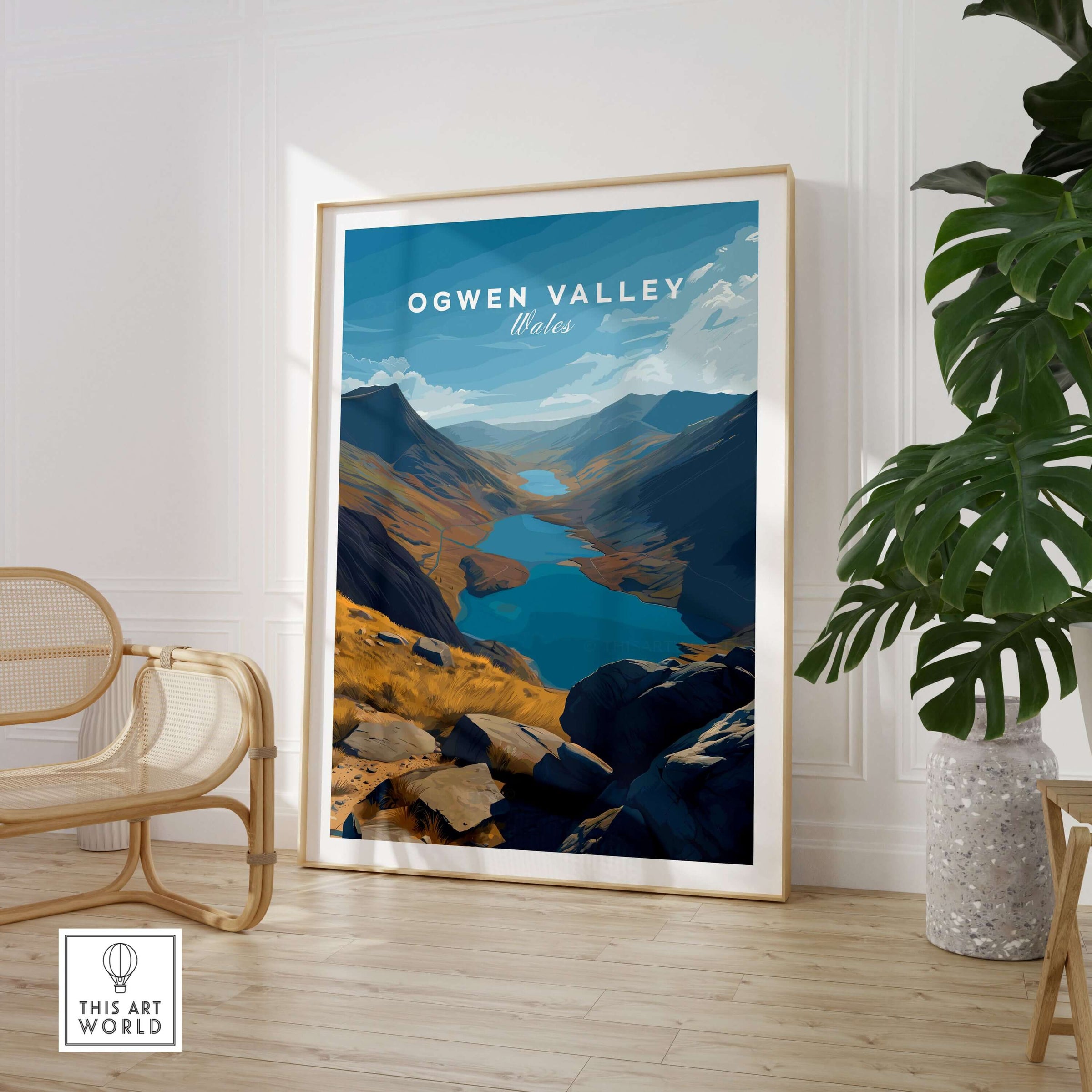 Ogwen Valley Print  Wales Mountain Lakes Landscape - Snowdonia Valley Wall Art in a stylish interior setting