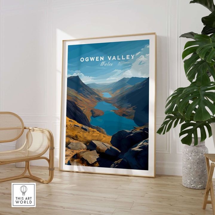 Ogwen Valley wall art print showcasing Wales' mountain lakes and stunning Snowdonia landscape.